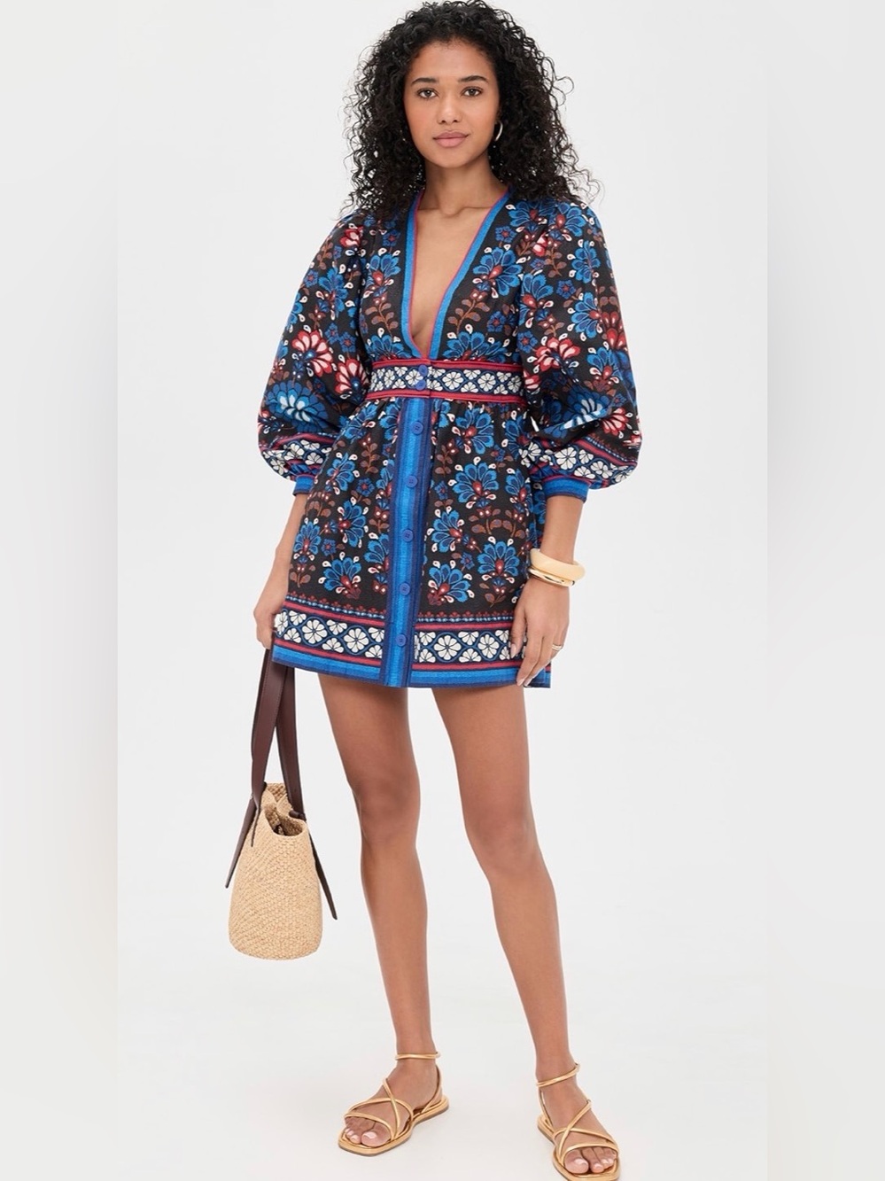 Farm Rio Black Latina Scarf Puff Sleeve Mini Dress NWT $248 Size Large Cotton - Picture 4 of 9